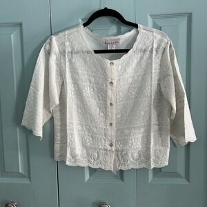 Karavan Womens Cottagecore Cropped Button Front Blouse 6 Petite White Embroidery